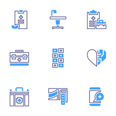 Medical icon set. Bold line style. Duotone colors. Editable stroke. health, artificial heart, medical, table, tablet, bandage, medical report, medical kit, first aid kit