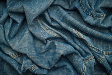 Close-up view of textured denim fabric, showcasing wrinkles and seams.