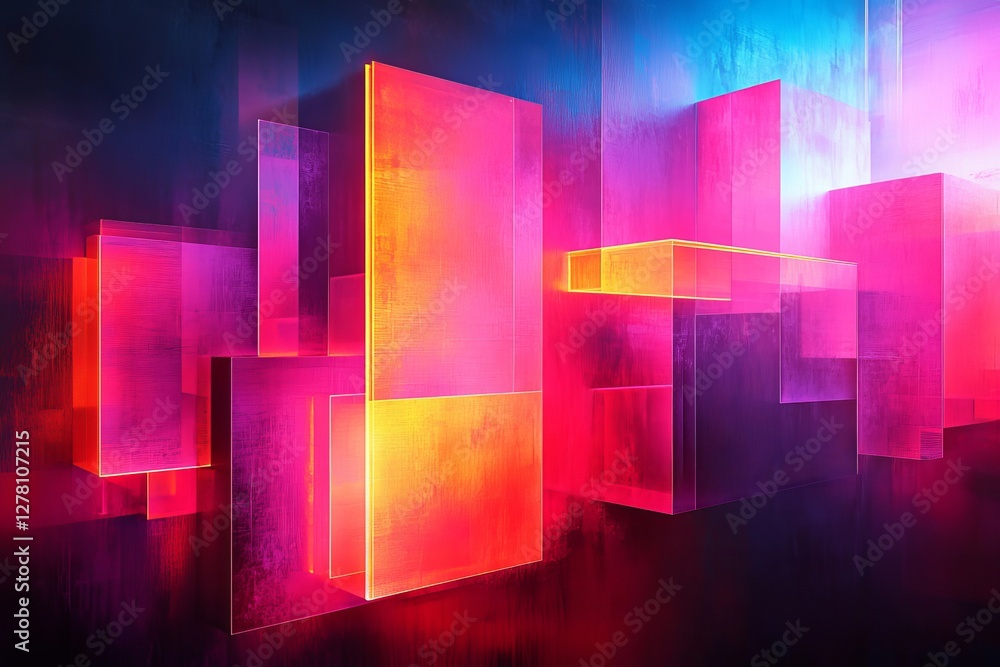 Poster glowing neon blocks of varying sizes and shapes create an abstract cityscape