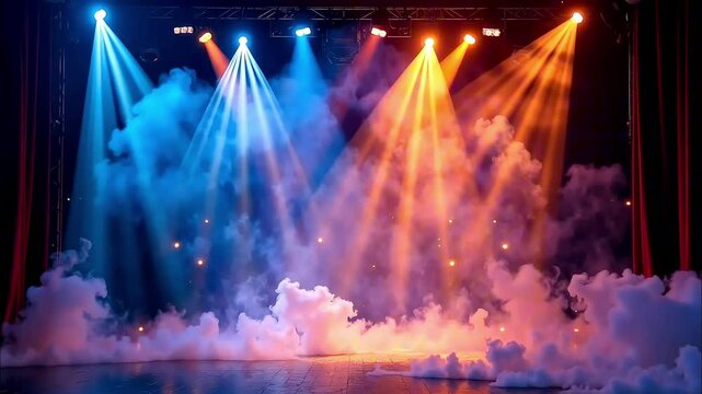 Empty theater stage with blue and orange spotlights intense smoke effects dark red curtains. Concept of performance arts, concert production stage design, seamless looping video.