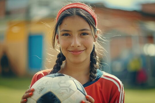 A young girl with pigtails smiles warmly while holding a soccer ball, showcasing her passion for the sport.