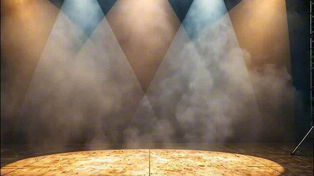 Empty stage with spotlights shining through smoke, dark theater background. Concept of performing arts entertainment production advertising presentation.