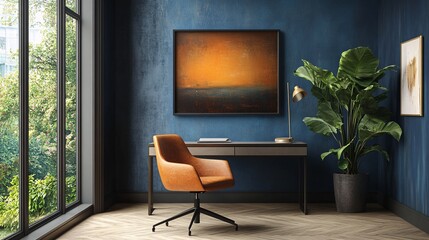 Poster mockup on a wall in a stylish home office, complete with a desk, chair, and contemporary decor, ideal for interior design and workspace ideas.