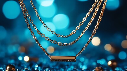 Multi layered gold chain necklace with bar pendants on blue lights background