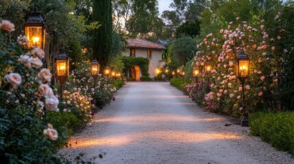 Obraz premium Romantic Evening Pathway with Lanterns and Blooming Roses