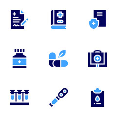 Medical icon set. Bold style. Duotone colors. medical prescription, medicine, blood test, pills, health insurance, bag, gynecology, ophthalmoscope, book