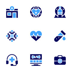 Medical icon set. Bold style. Duotone colors. pharmacy, organization, phone call, ct scan, world, heart beat, x ray, analysis, first aid kit