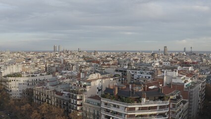 Fototapeta premium Panoramic view of the blocks with residential apartment buildings from a bird's-eye view. Drone video on a sunny day
