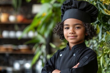 Young chef proudly stands in a vibrant kitchen setting surrounded by plants, showcasing culinary talent and confidence