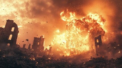 Fototapeta premium Dramatic Explosion Over Ruins with Fiery Debris and Smoke Clouds