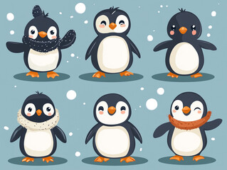 Fototapeta premium Cute penguins in winter attire playfully posing together