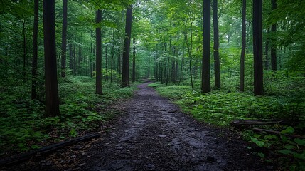 Obraz premium Forest trail, lush greenery, misty day, nature walk, peaceful scene
