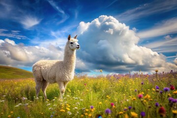 Fototapeta premium A fluffy white alpaca grazes serenely amidst a vibrant meadow of wildflowers, under a dramatic, partly cloudy sky.