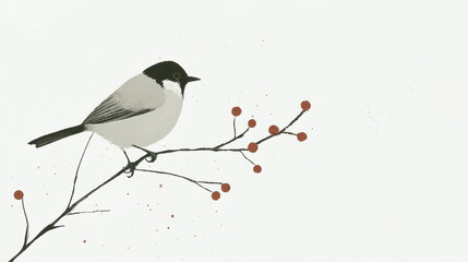bird perched on snowy branch with red berries, showcasing winter beauty