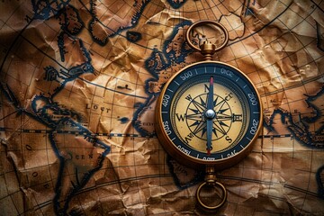 Fototapeta premium Antique compass rests on a crumpled vintage world map, evoking a sense of exploration and adventure.