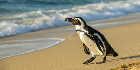 Naklejka premium African Penguin on the Beach: Capturing the Charm of Wildlife