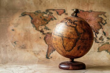 Antique globe rests on an aged world map, evoking a sense of exploration and adventure.