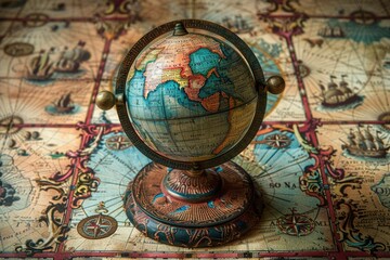 Naklejka premium Antique globe resting on a vintage world map, depicting historical exploration and navigation.