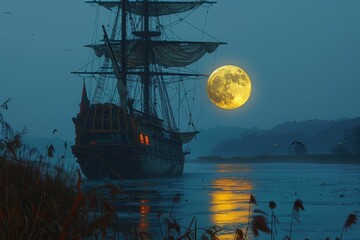 An old sailing ship at night, illuminated by a large, bright yellow moon on calm waters.