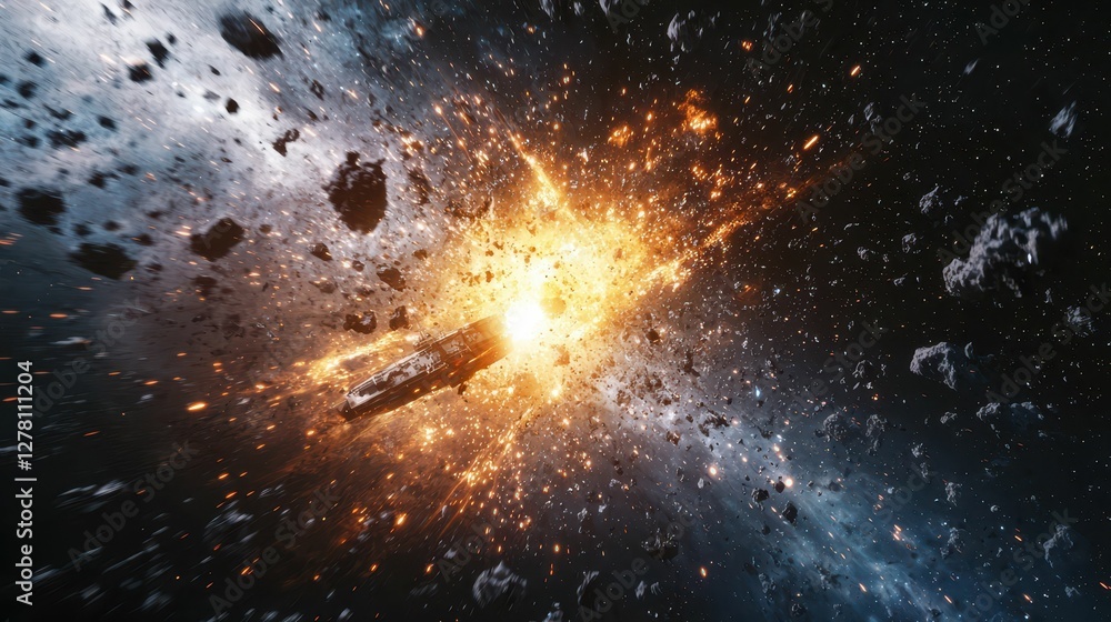 Poster space explosion with asteroids and cosmic dust in outer universe