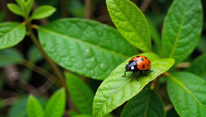 Close-up of a ladybug resting on a green leaf in a vibrant garden setting