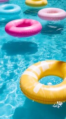 Vibrant Inflatable Rings in a Sparkling Pool
