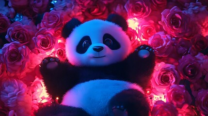 Fototapeta premium Panda plushie lying on a bed of glowing roses