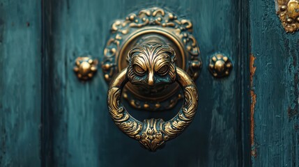 Ornate Bronze Door Knocker on Weathered Blue Wooden Door