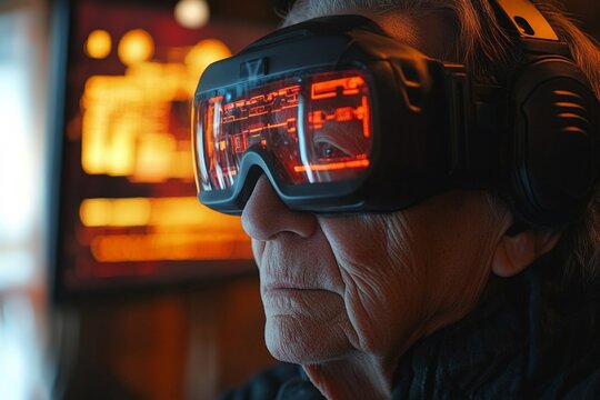 Senior woman engages in virtual reality experience with futuristic headset in a dimly lit room