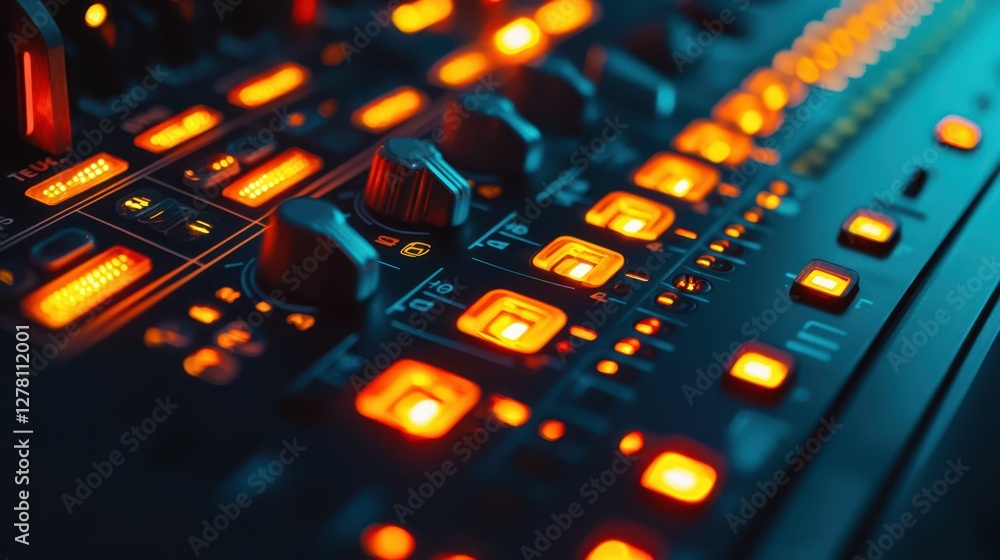 Poster close-up of mixing console with bright illuminated buttons and knobs
