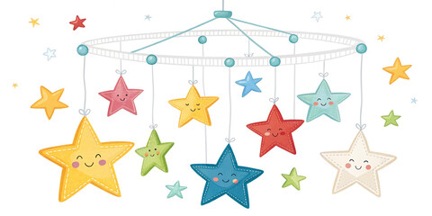 Obraz premium Colorful Baby Mobile with Stars Isolated on a White Background, Perfect for Nursery Decor