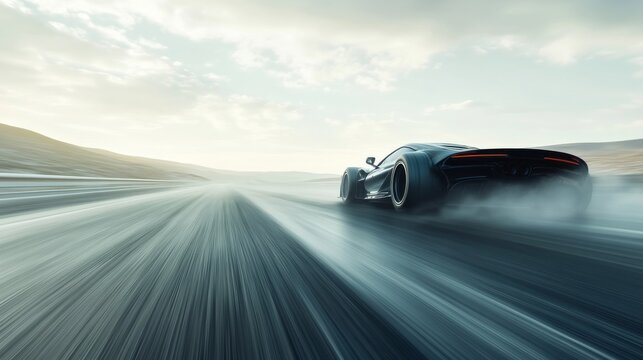 Drag racing car accelerating down a long, narrow road through tall trees. Featuring speed and nature