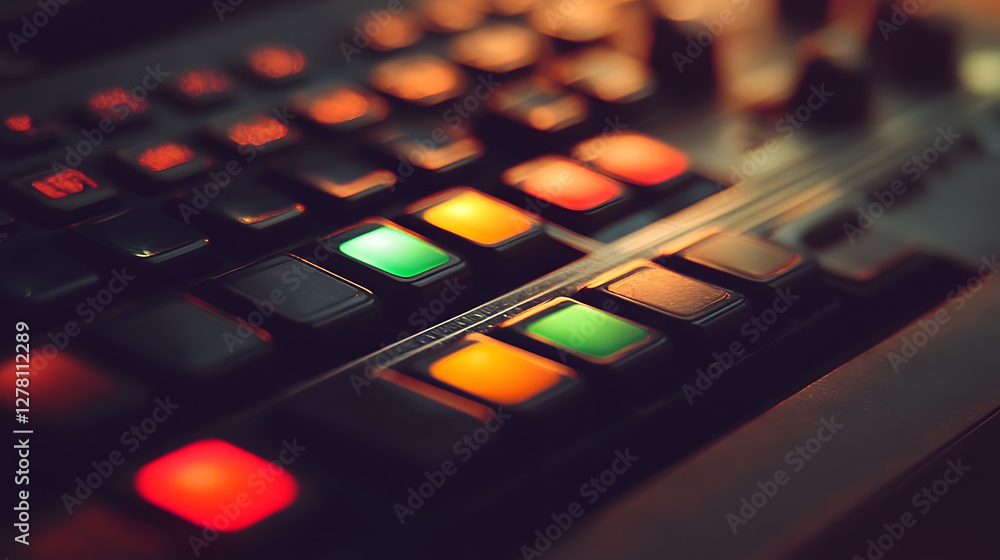 Poster colorful keyboard close-up, bright buttons illuminated in a dark setting, perfect for tech and gamin