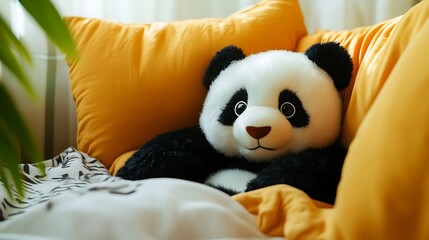 Panda plushie nestled in a soft pillow fort