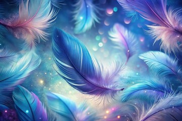 Ethereal Flight A Symphony of Soft Blue and Purple Feathers Floating in a Dreamlike Glow