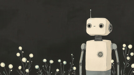 friendly robot standing in garden of glowing flowers, showcasing whimsical atmosphere
