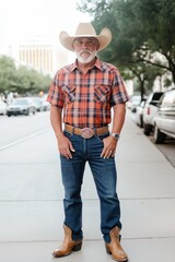 A man in a cowboy hat and plaid shirt stands on a sidewalk. He is wearing cowboy boots and a belt