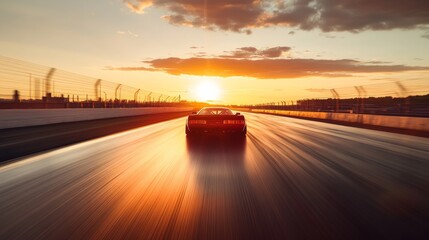 Obraz premium Drag racing car accelerating down a track at sunset. Featuring power and adrenaline