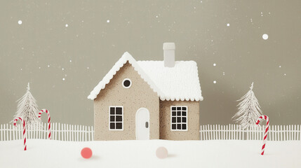 Fototapeta premium charming gingerbread house with candy cane fences in snowy landscape, evoking festive winter atmosphere