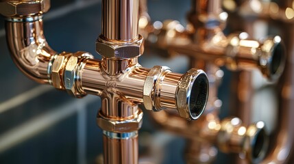 Obraz premium Close-Up of Shiny Copper Pipe Fittings in Modern Plumbing System