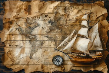 Fototapeta premium Antique world map with a model sailing ship and compass, evoking exploration and adventure.