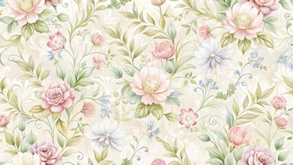 Elegant Pastel Floral Pattern Featuring Delicate Roses, Peonies, and Other Blossoms Arranged in a Seamless Design on a Soft Cream Background
