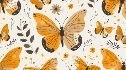 Delicate orange butterflies, flowers, and leaves seamless pattern. Background use for spring, summer, or nature designs