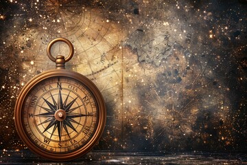 Antique compass rests on aged map, celestial background evokes exploration and discovery.