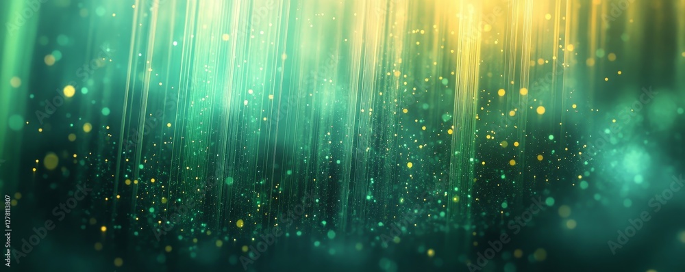 Poster abstract luminous turquoise background with rays of light and particles, creating an ethereal and ma