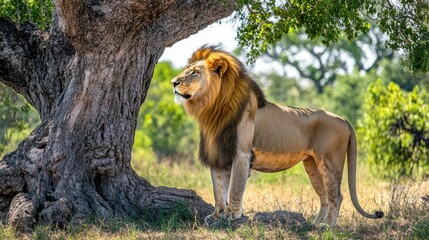 A lion standing under the shade of a large tree, its golden mane slightly ruffled by the wind.