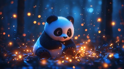 Fototapeta premium Panda plushie surrounded by glowing fireflies