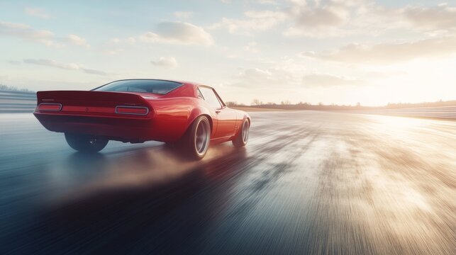 Drag racing car accelerating down the track in the daylight. Featuring speed and power