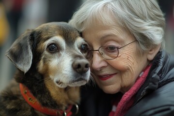Elderly woman embraces her dog in a warm moment of affection at a community gathering in autumn