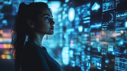 Woman observing futuristic digital interface.